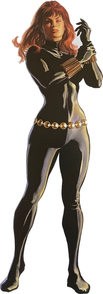 Black Widow, Natasha Romanoff, classic black catsuit and gold disc belt